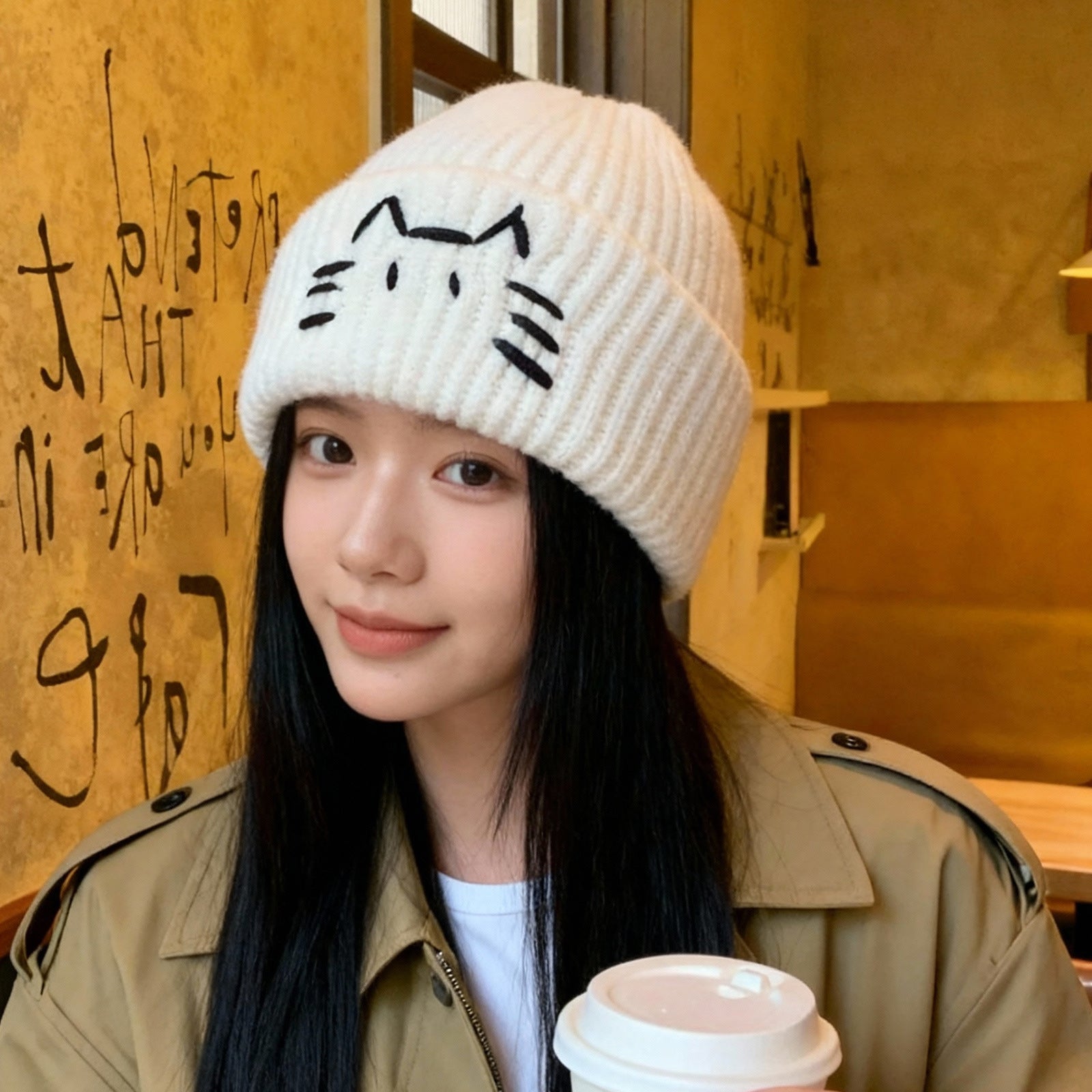 Gorro de punto con diseño de gato para mujer – Cálido gorro de otoño e invierno