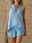 Women's Cotton-Linen V-Neck Button Sleeveless Top & Shorts Set
