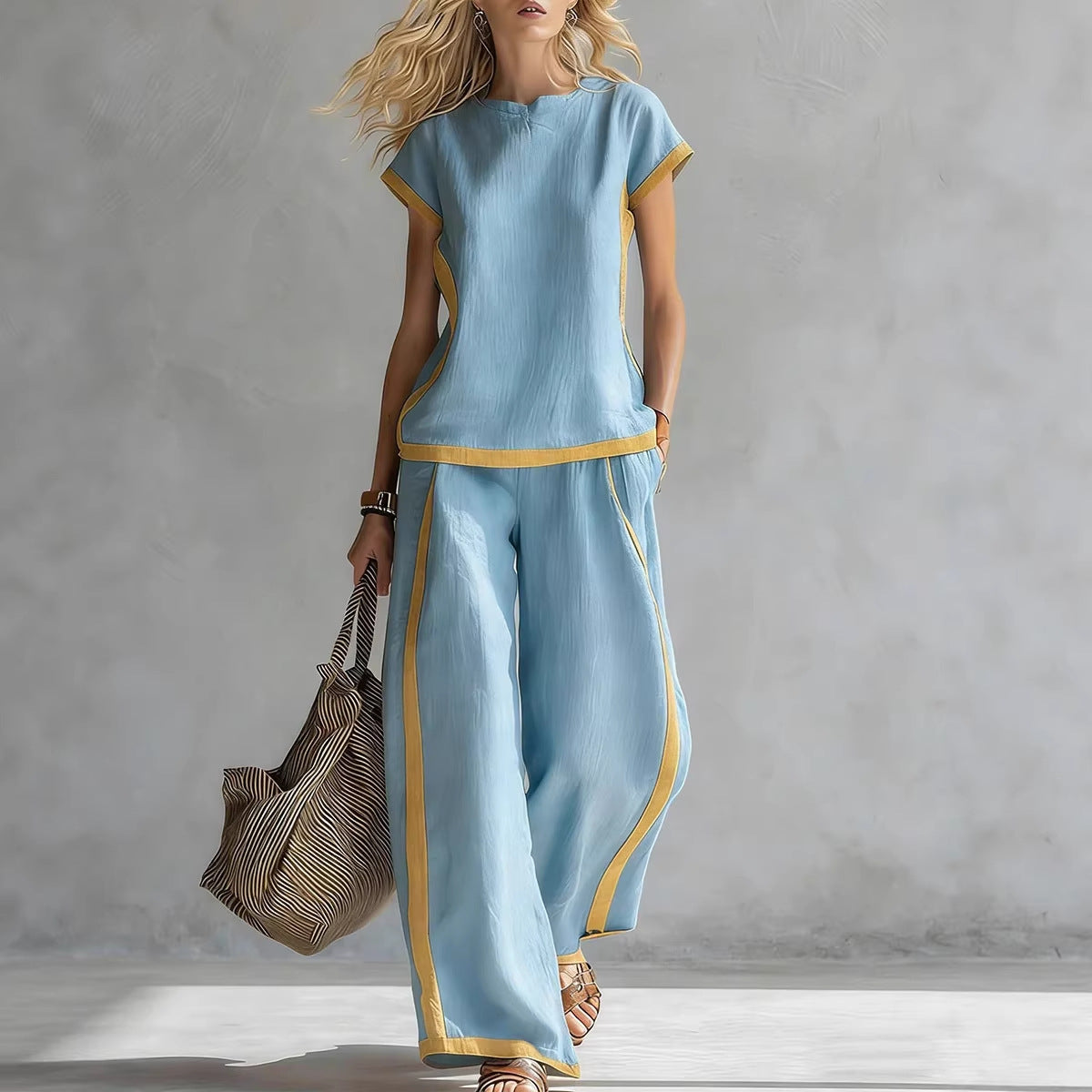 Conjunto de dos piezas de camisa de color liso y pantalones de pernera ancha