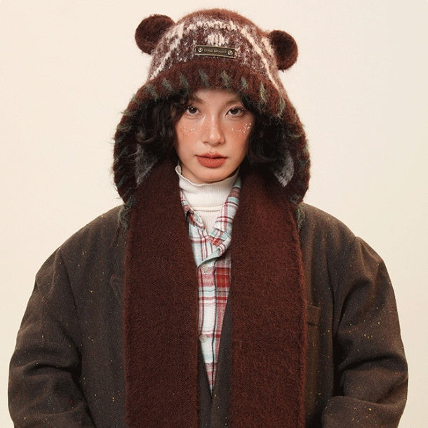 Gorro de punto de invierno de mujer con orejas de oso: cálido y cubrecorejas