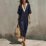 Women's V-Neck Loose Cropped-Sleeve Linen Midi Dress with Pockets