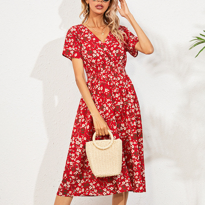 Vestido largo de satén con estampado floral y cuello de pico, corte en A | 8 colores