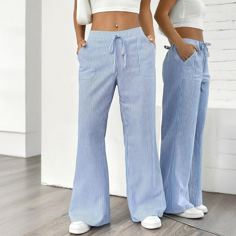 Pantalones largos casuales de mujer de pierna ancha recta con estampado de rayas y bolsillos