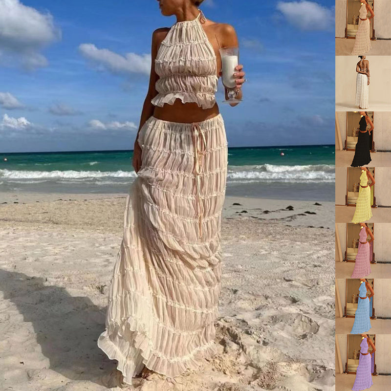 🌴 Conjunto de playa de 2 piezas para mujer – Top halter corto sin mangas