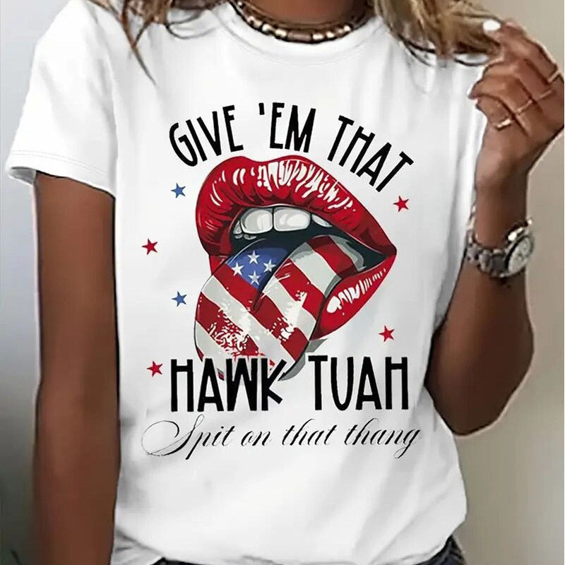 Blusa de verano con estampado de labios y estrellas de la bandera estadounidense para mujer, cuello redondo