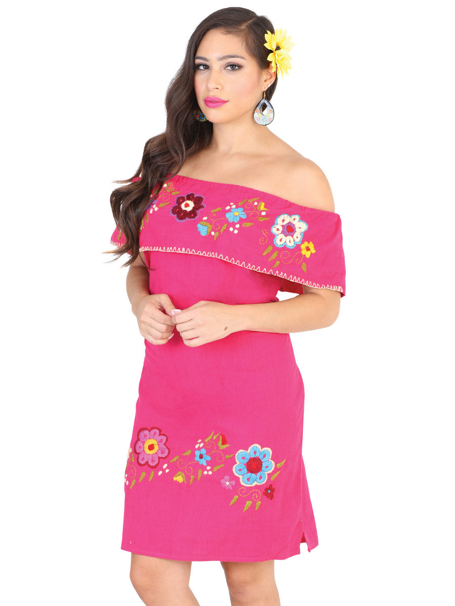 Vestido Artesanal Bordado 100% Algodón Fucsia 601977