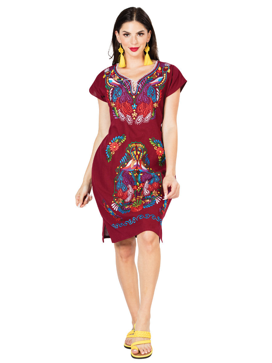 Vestido Artesanal Bordado 100% Algodón Vino 603095