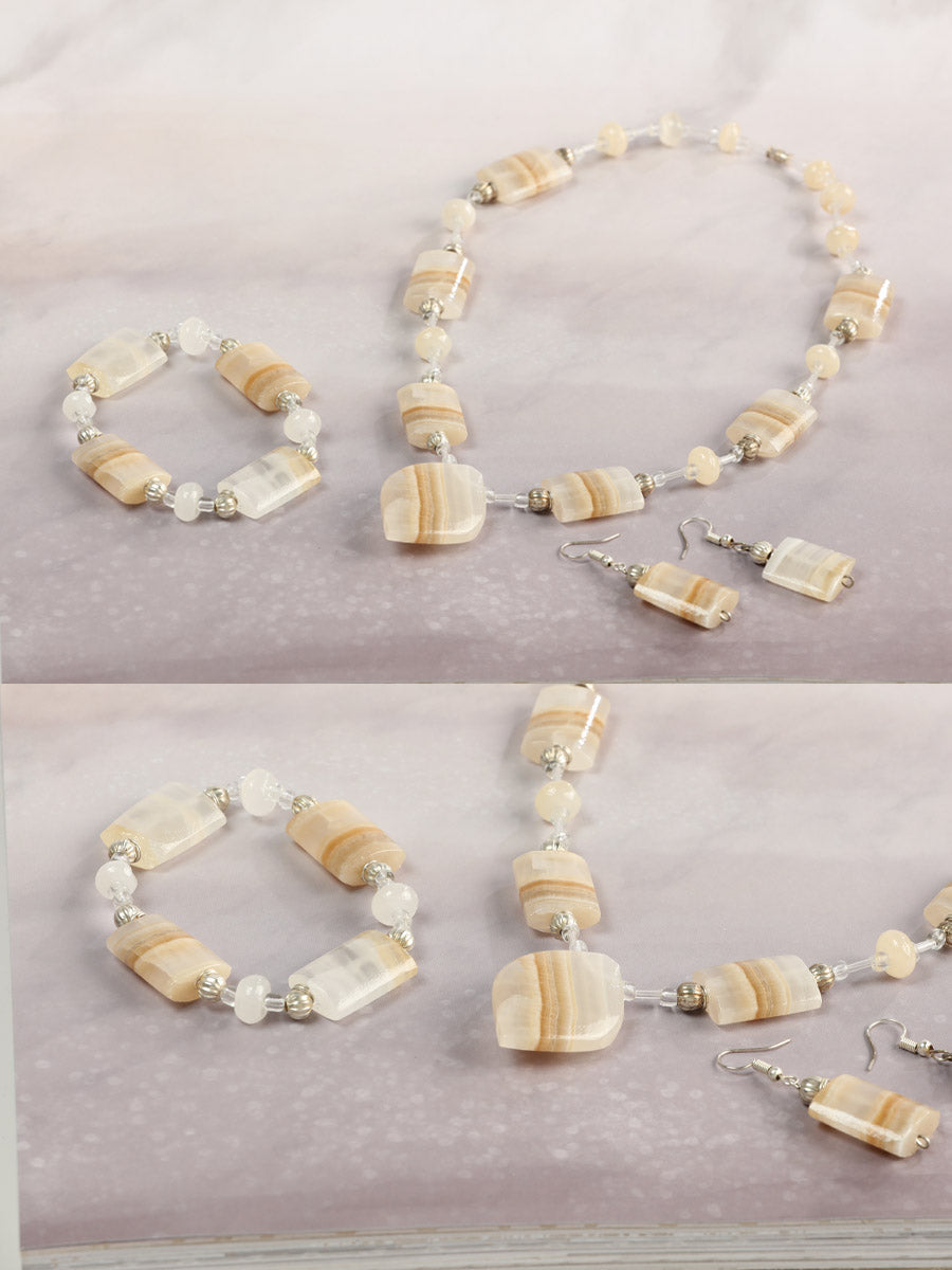Conjunto Artesanal Pendientes-Collar-Pulsera Piedra Ónix Natural/Caramelo 603144