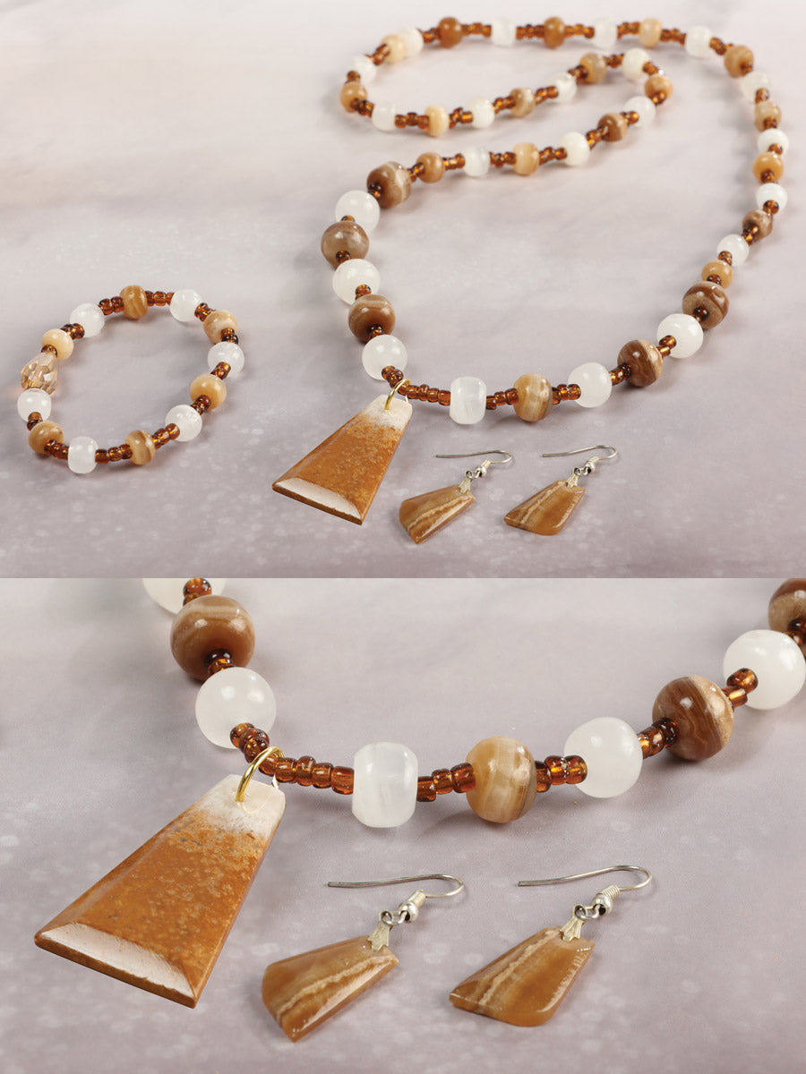 Conjunto Artesanal Pendientes-Collar-Pulsera Piedra Ónix Marrón/Caramelo 603145
