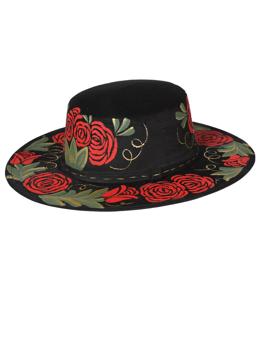 Sombrero artesanal mexicano de gamuza negra pintado a mano 603719