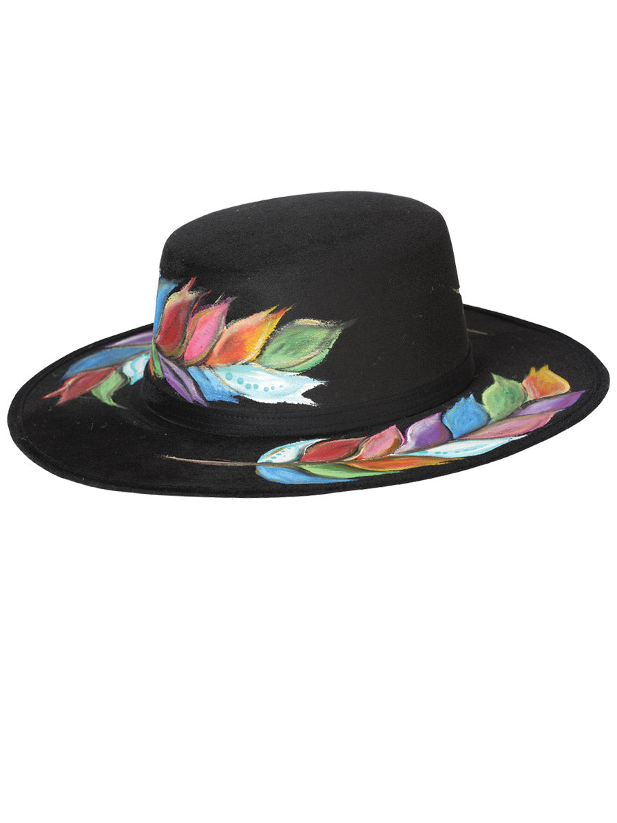 Sombrero artesanal mexicano de gamuza negra pintado a mano 603729