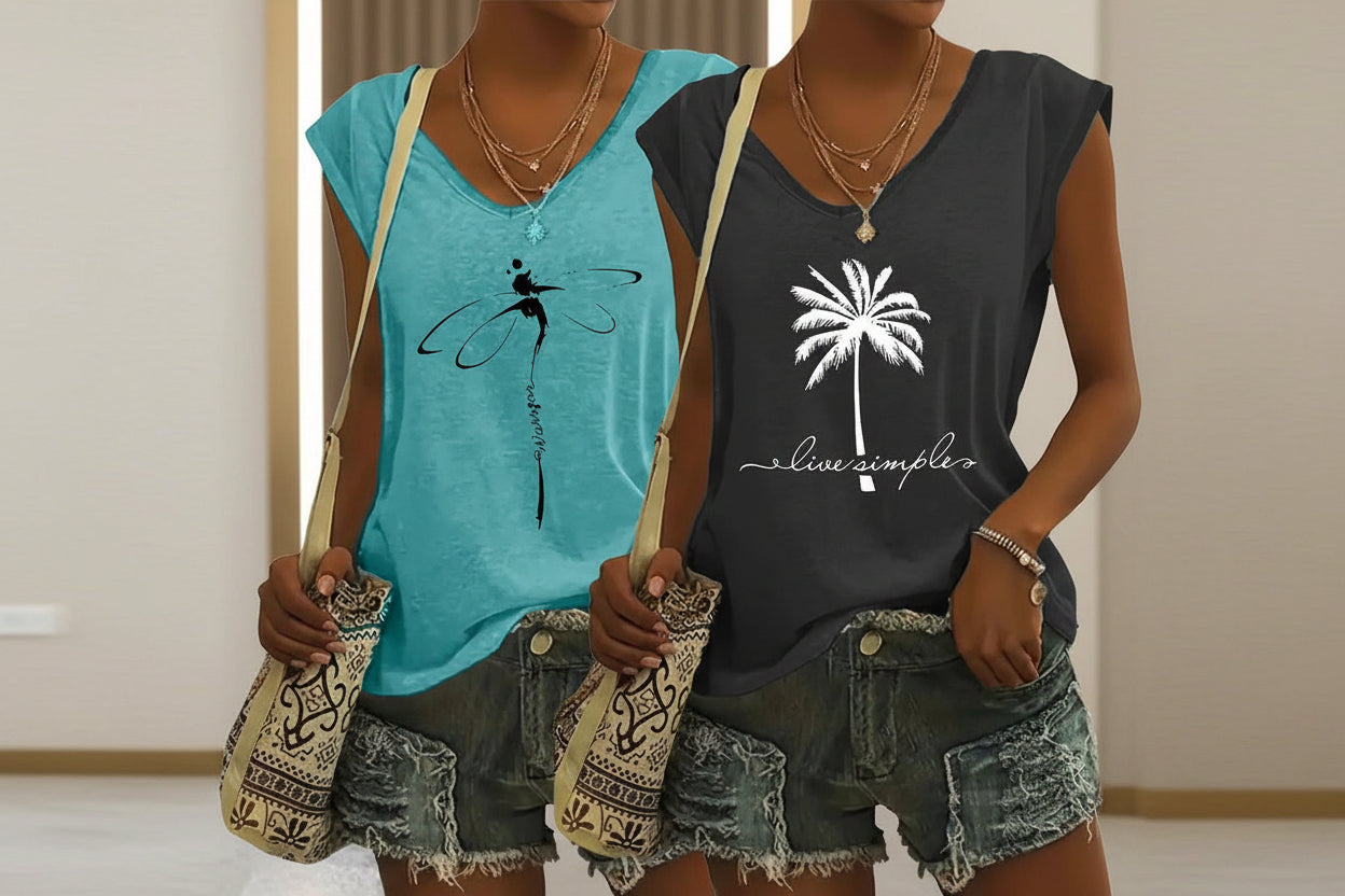 Paquete de 2 camisetas sin mangas con cuello en V para mujer – Blusas holgadas informales de verano para la playa