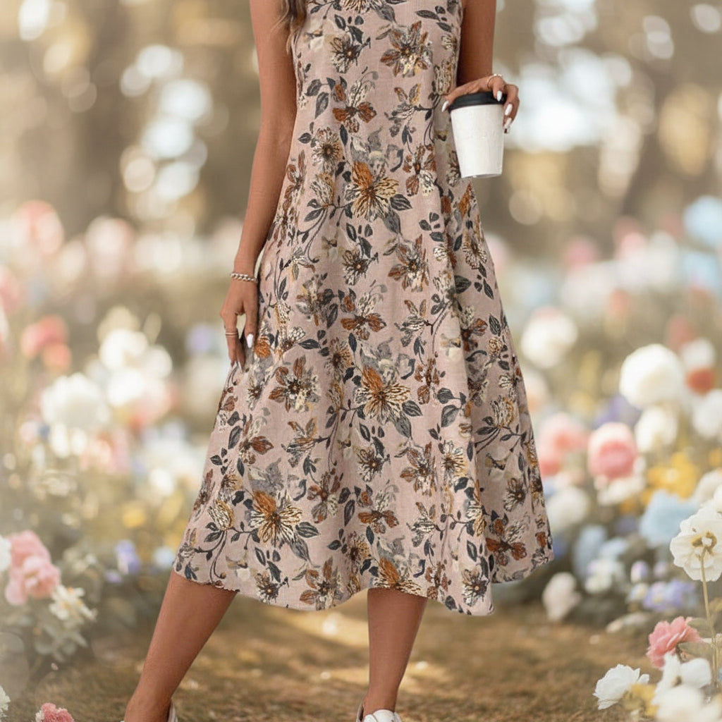 Vestido midi acampanado con estampado floral y bolsillos | Estilo bohemio vintage