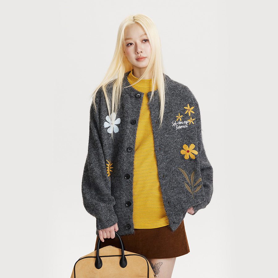 Cárdigan suéter retro floral bordado para mujer