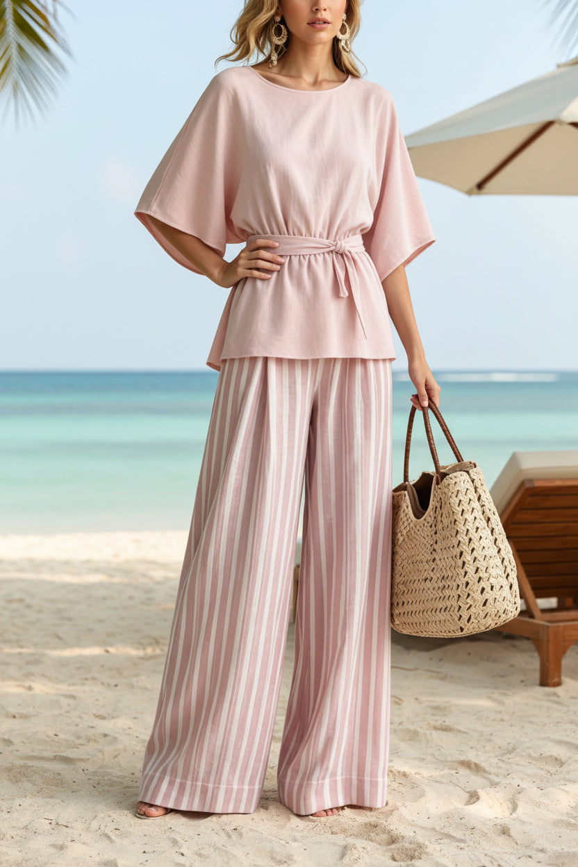 Conjunto de top rosa murciélago con lazo en la cintura y pantalón de raya ancha | S–2XL