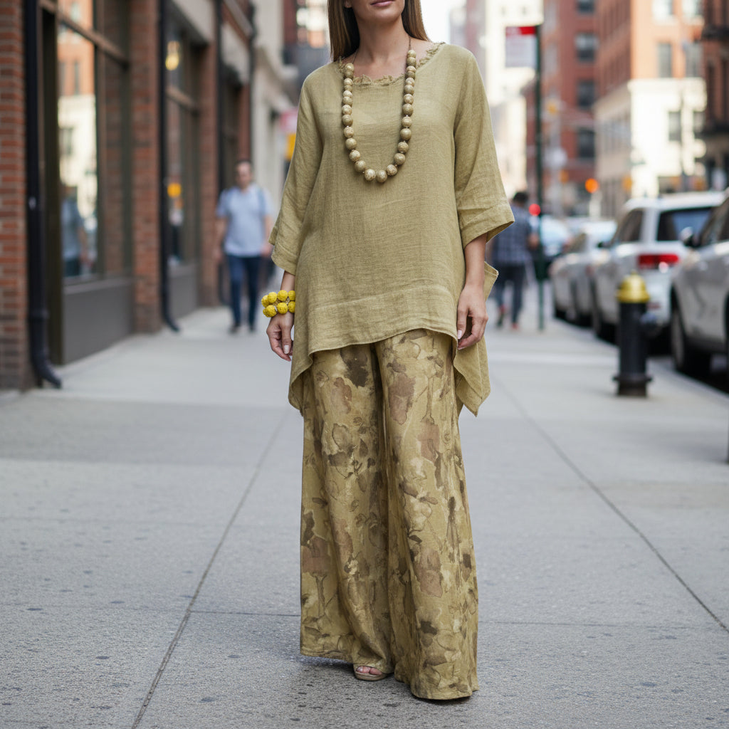 Conjunto de top con bajo irregular de algodón-lino y hombros caídos y pantalón de pierna ancha | 3 colores