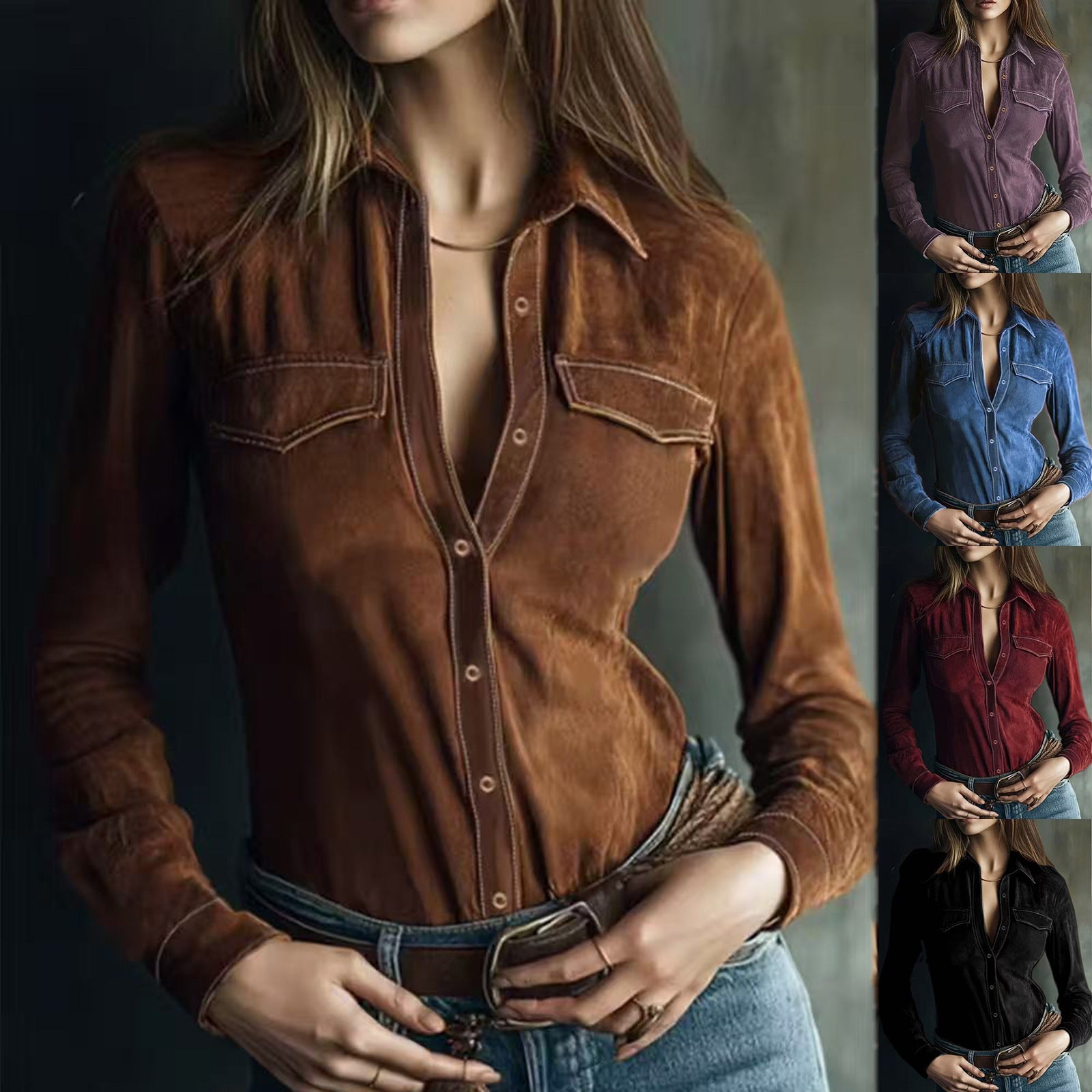 Blusa de manga larga de terciopelo de piel de ciervo con retazos | Estilo retro