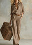 Women's Vertical Stripe Collared Loose Long-Sleeve Shirt & Wide-Leg Pants Set