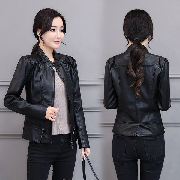 Chaqueta de cuero para moto de corte ajustado estilo coreano — Cuello mao