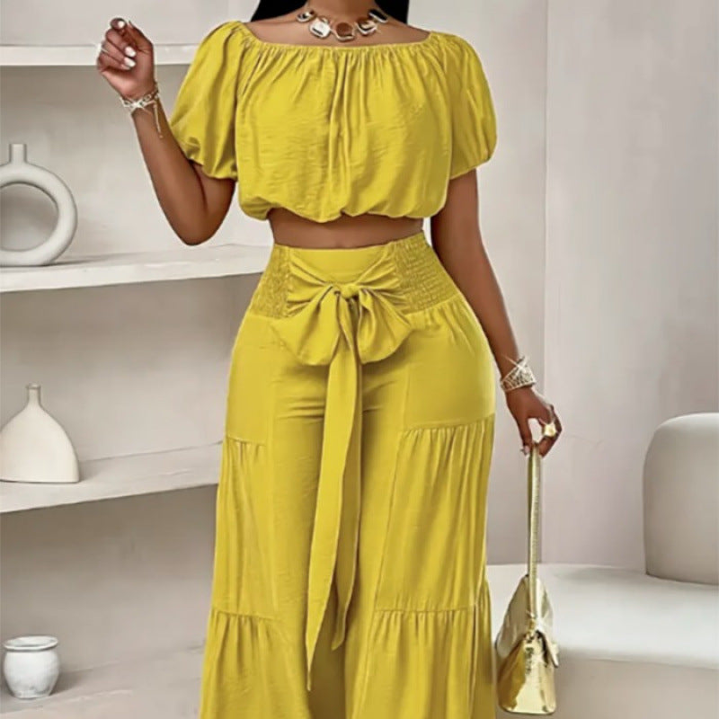Conjunto de dos piezas de top y pantalones acampanados de cintura alta – 7 colores, S–2XL