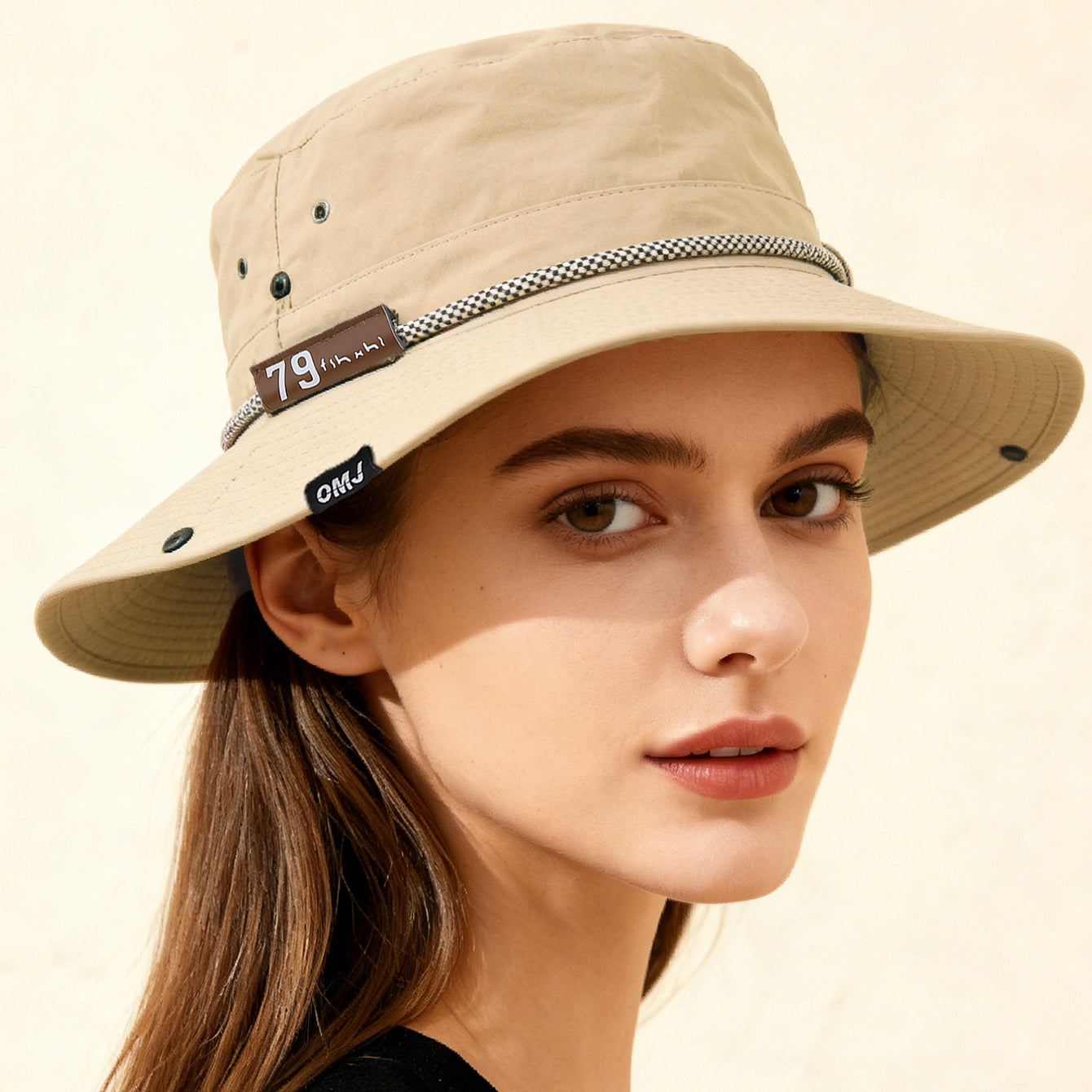 Sombrero de pescador con parche de cuero y ala ancha – Sombrero para exteriores con protección solar UV