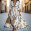 Women's Floral Print Maxi Dress With Deep V-Neck & Flare Sleeves