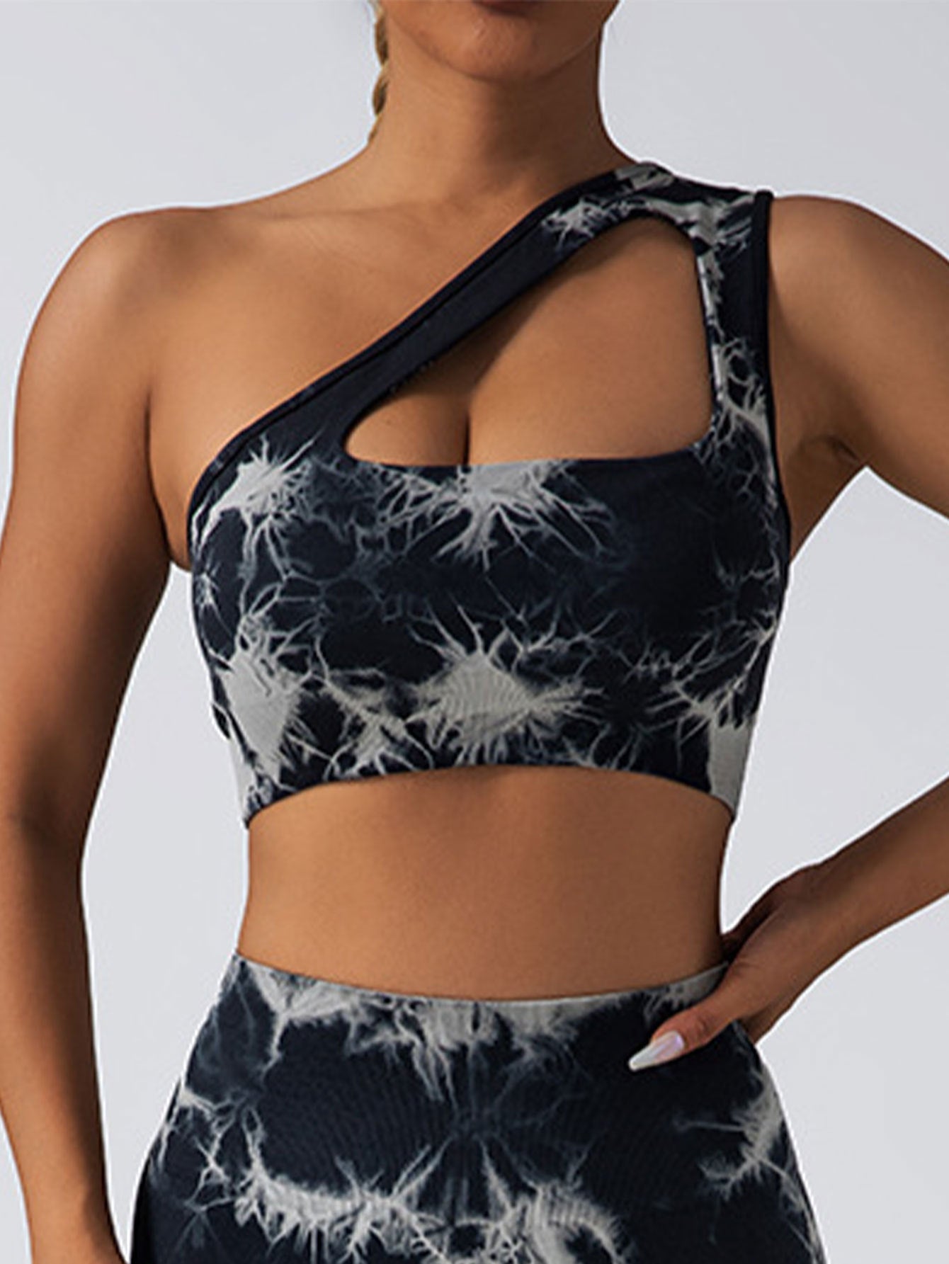 Conjunto de Sujetador de Un Solo Hombro sin Costuras y Leggings Fruncidos - Pantalones de Yoga de Talle Alto