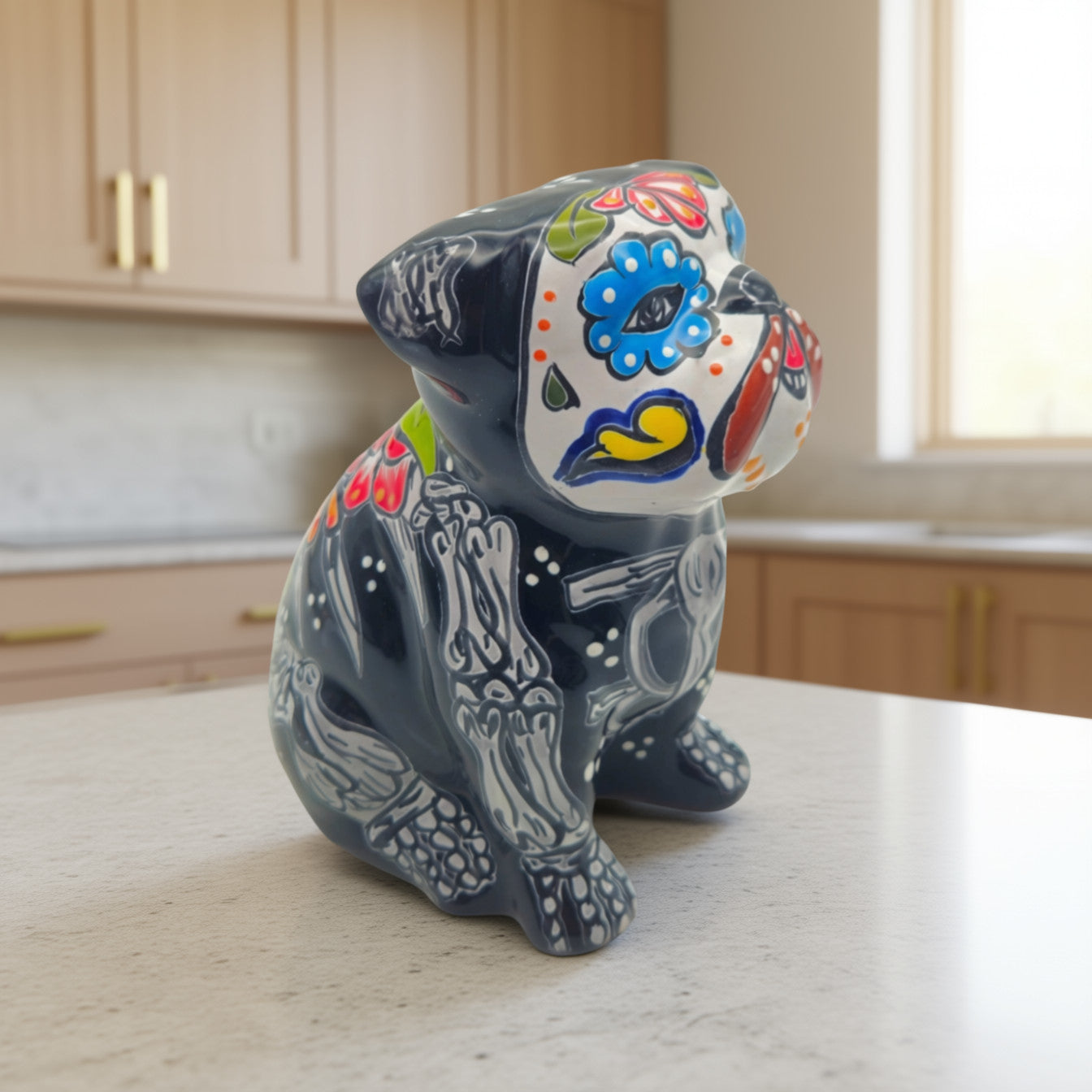 Figura de Bulldog Día de Muertos | Estatua de Perro Talavera Hecha a Mano