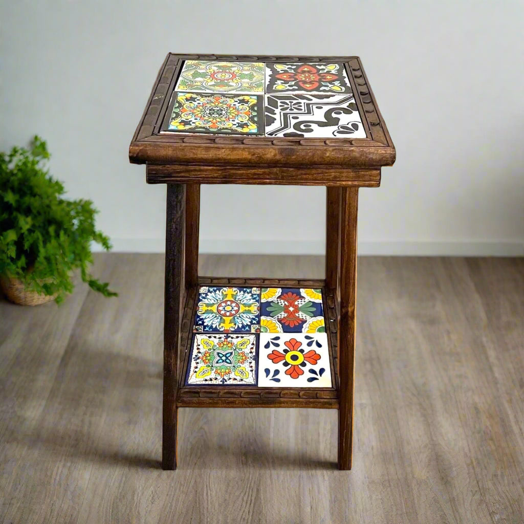 Mesa auxiliar cuadrada de azulejos de Talavera | Mesa auxiliar de madera mexicana hecha a mano