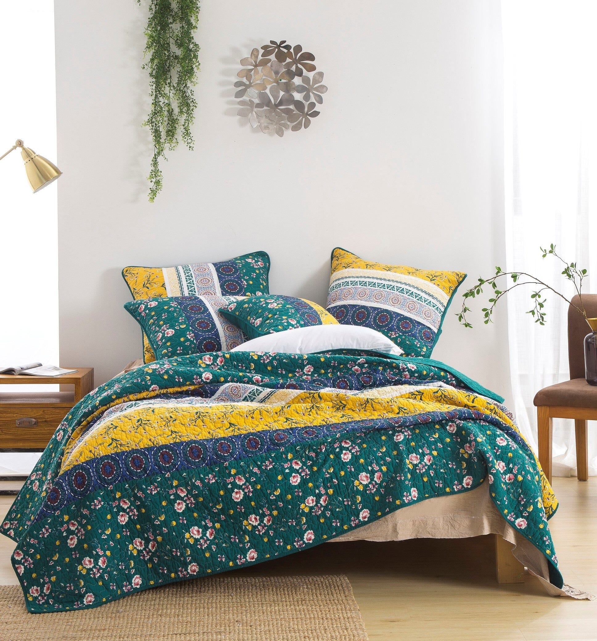 Juego de colcha de cama de retales bohemio DaDa Bedding, de flores silvestres y gardenias, color verde (JHW-886)