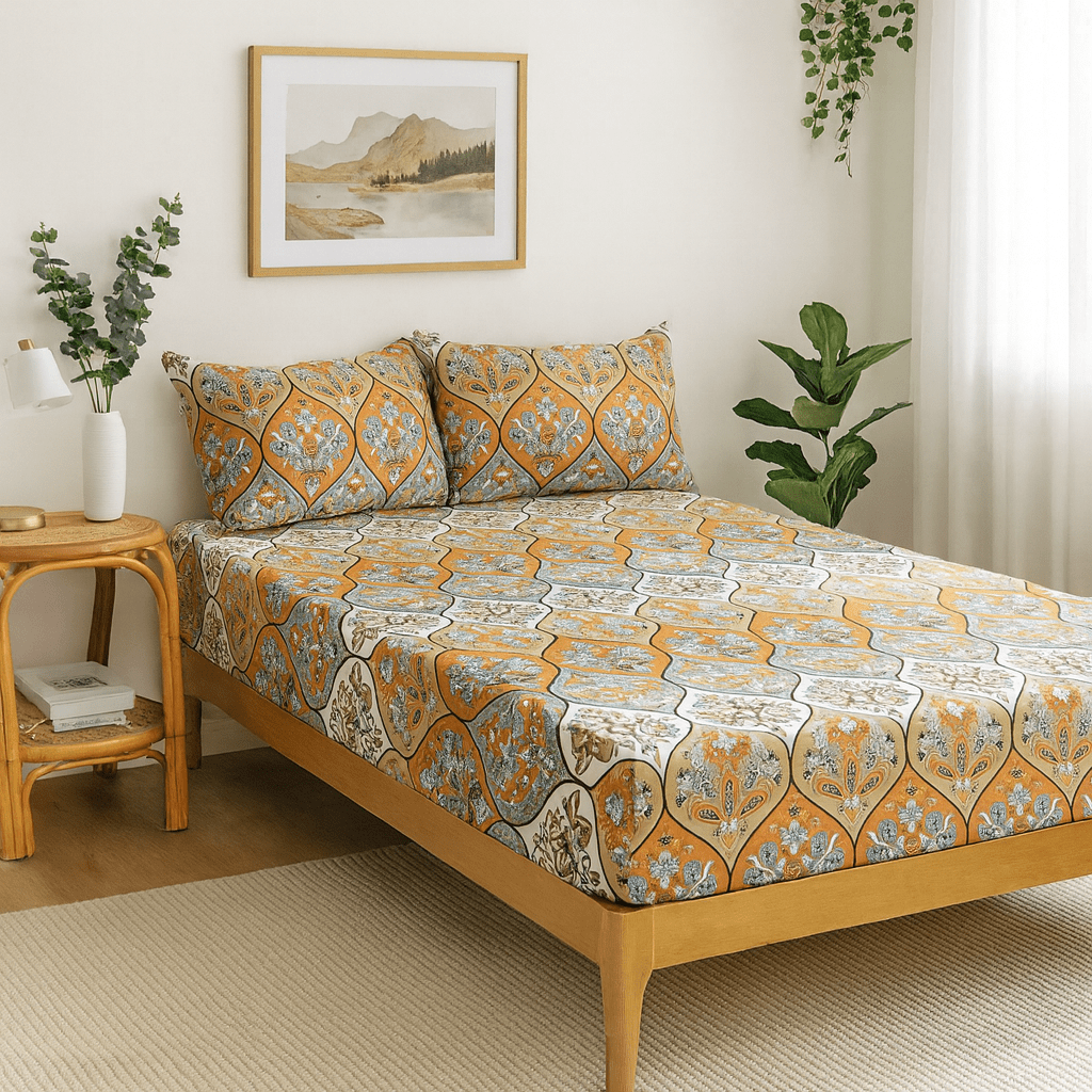 DaDa Bedding Sábana Ajustable Bohemio con Fundas de Almohada - Coral Teal Floral Cachemira Jardín Botánico Fiesta - Azul Salmón Rosa Vibrante Multicolor Brillante