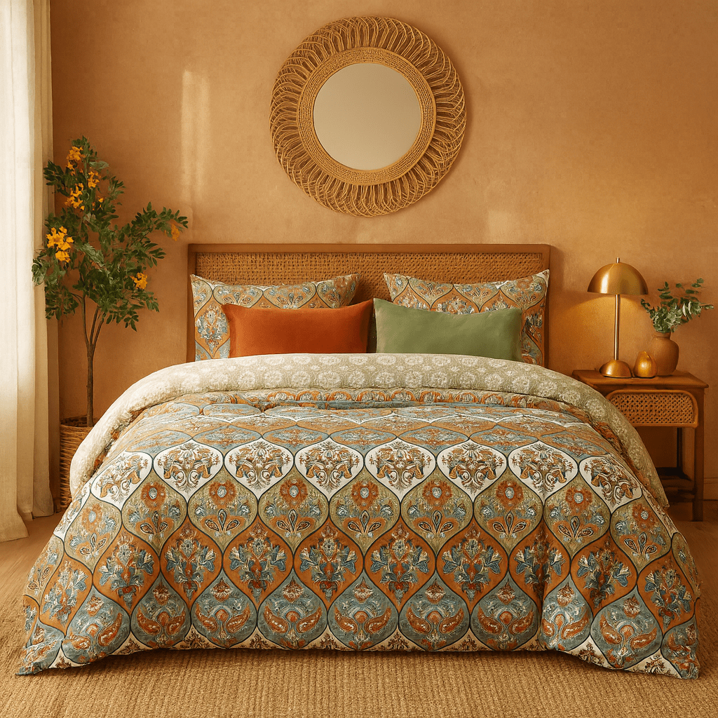 DaDalogy Bedding Funda Nórdica Bohemio con Fundas de Almohada - Reversible Coral Verde Azulado Floral Cachemira Jardín Botánico Fiesta - Azul Salmón Rosa Vibrante Multicolor Brillante