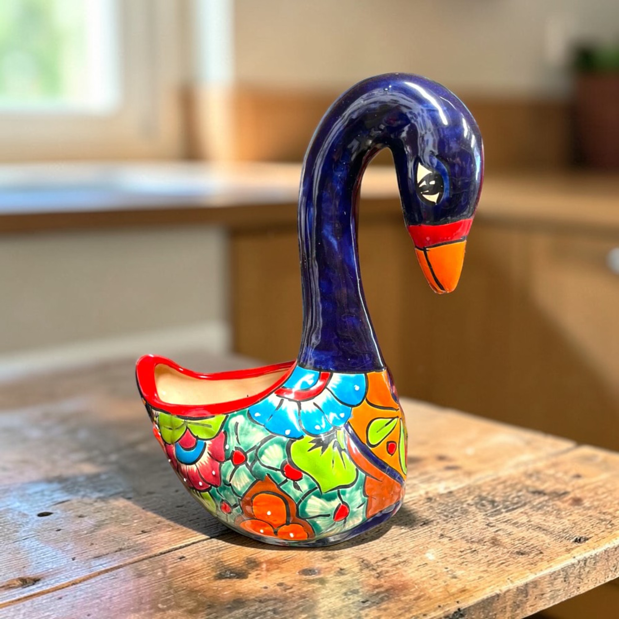 Macetero cisne grande de Talavera | Cerámica mexicana colorida pintada a mano