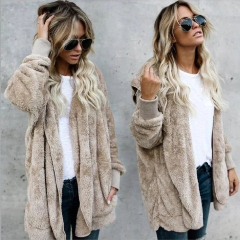 Chaqueta cárdigan con capucha de felpa doble para mujer