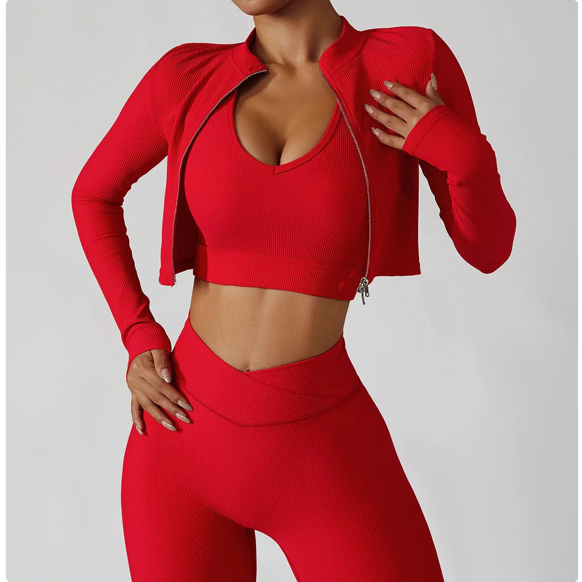 Conjunto de Yoga sin Costuras de 3 Piezas – Chaqueta, Sujetador y Leggings