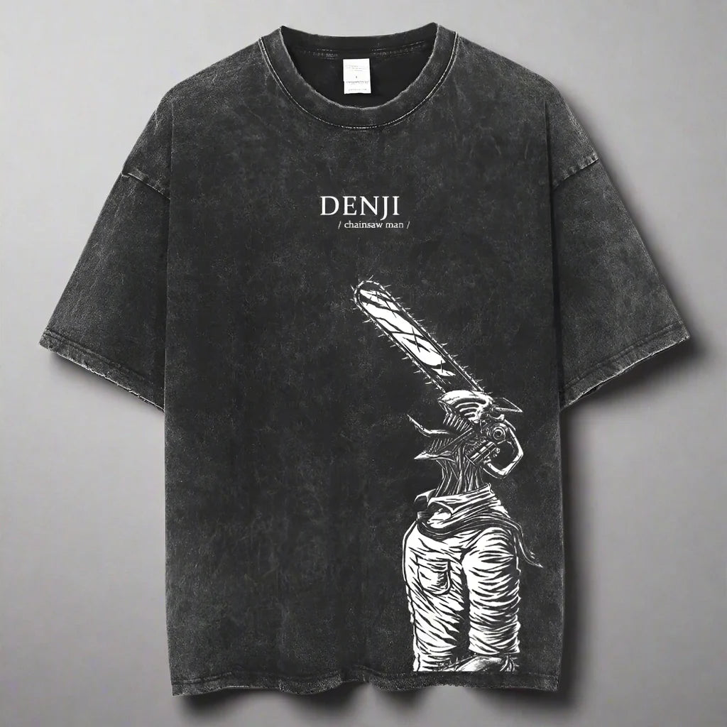 🪚 Camiseta vintage con gráfico de Chainsaw Man y lavado ácido – Ropa urbana Harajuku