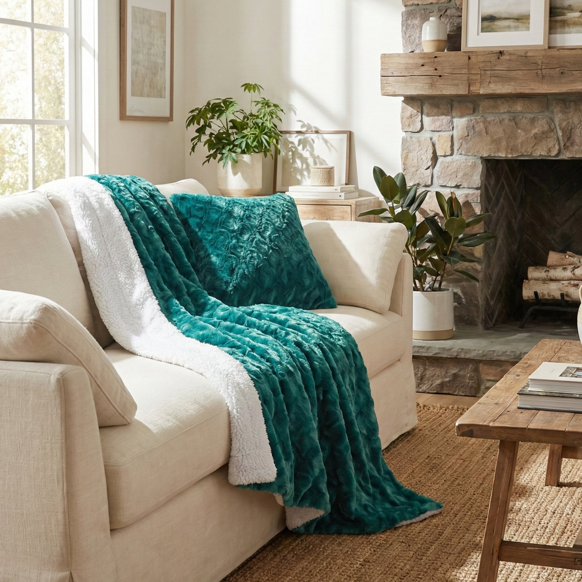 Manta de pelo sintético con escamas de sirena DaDa Bedding, verde esmeralda y azul, con reverso de sherpa (BL-171805)