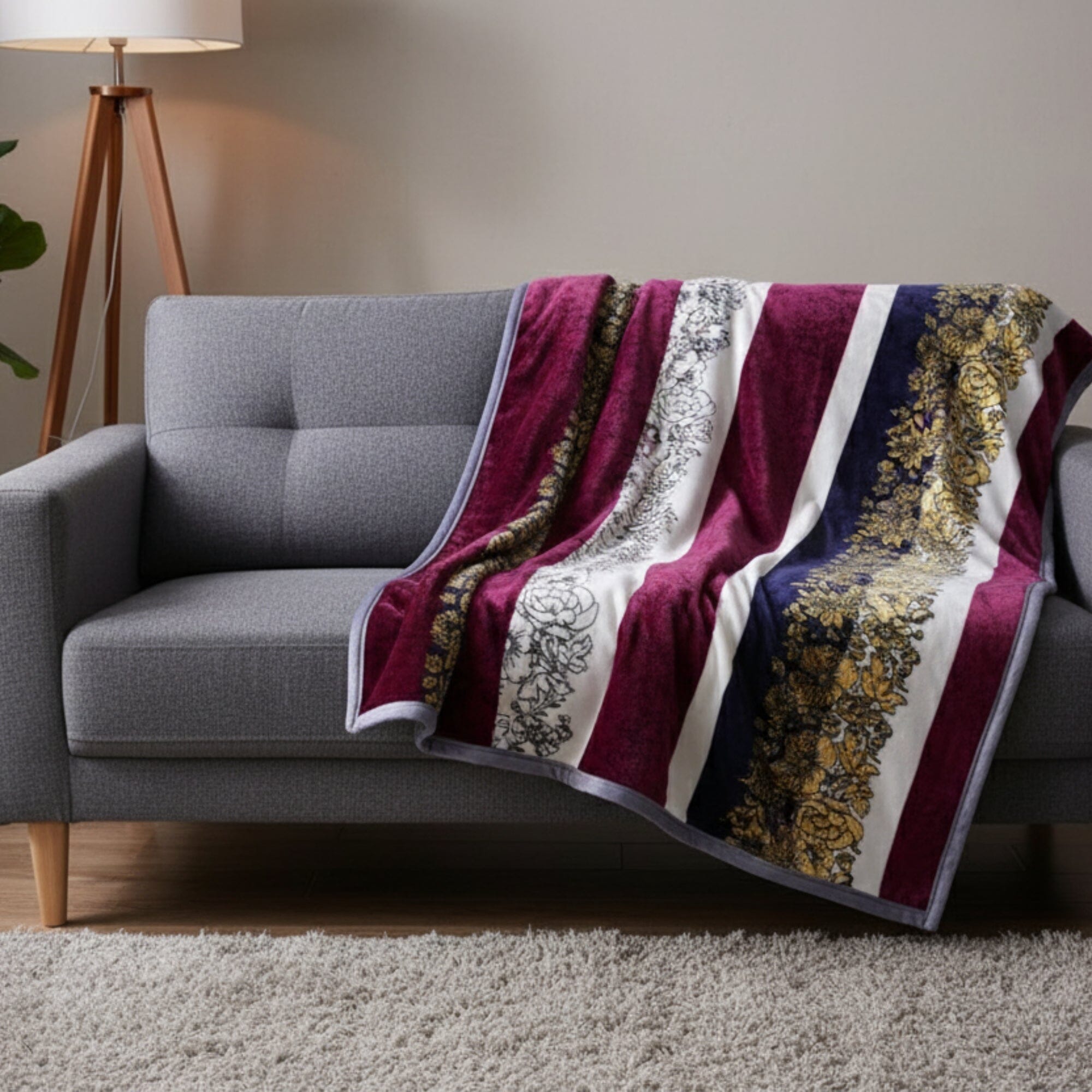 Manta de Felpa de Visón con Estampado Floral de Claveles a Rayas Botánicos de DaDa Bedding (XY9829)