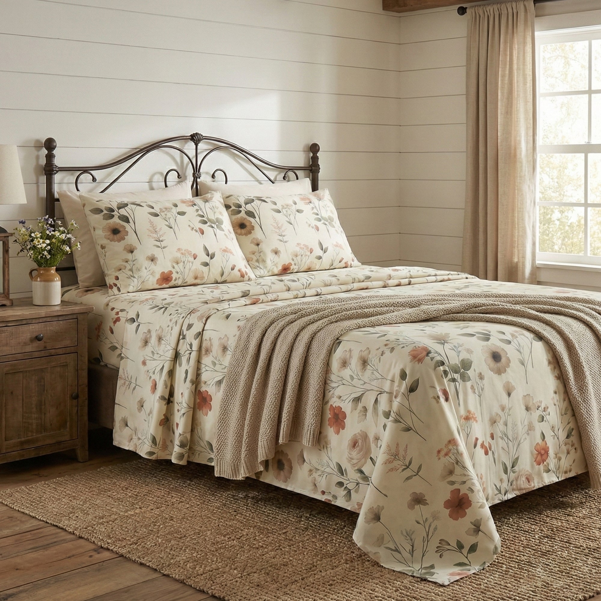 Juego de sábanas DaDalogy Enchanted Meadow - Armonía floral en beige, rosa y verde suave, microfibra suave de primera calidad, lavable a máquina, bolsillo profundo de 14 a 15 pulgadas + sábana encimera