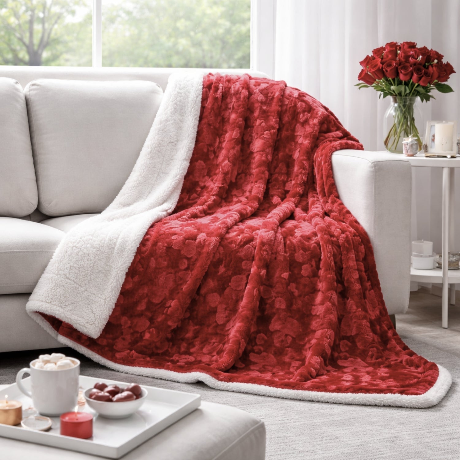 DaDa Bedding Lujosa Manta Decorativa de Piel Sintética con Corazones Rojos Románticos de Ensueño (19)