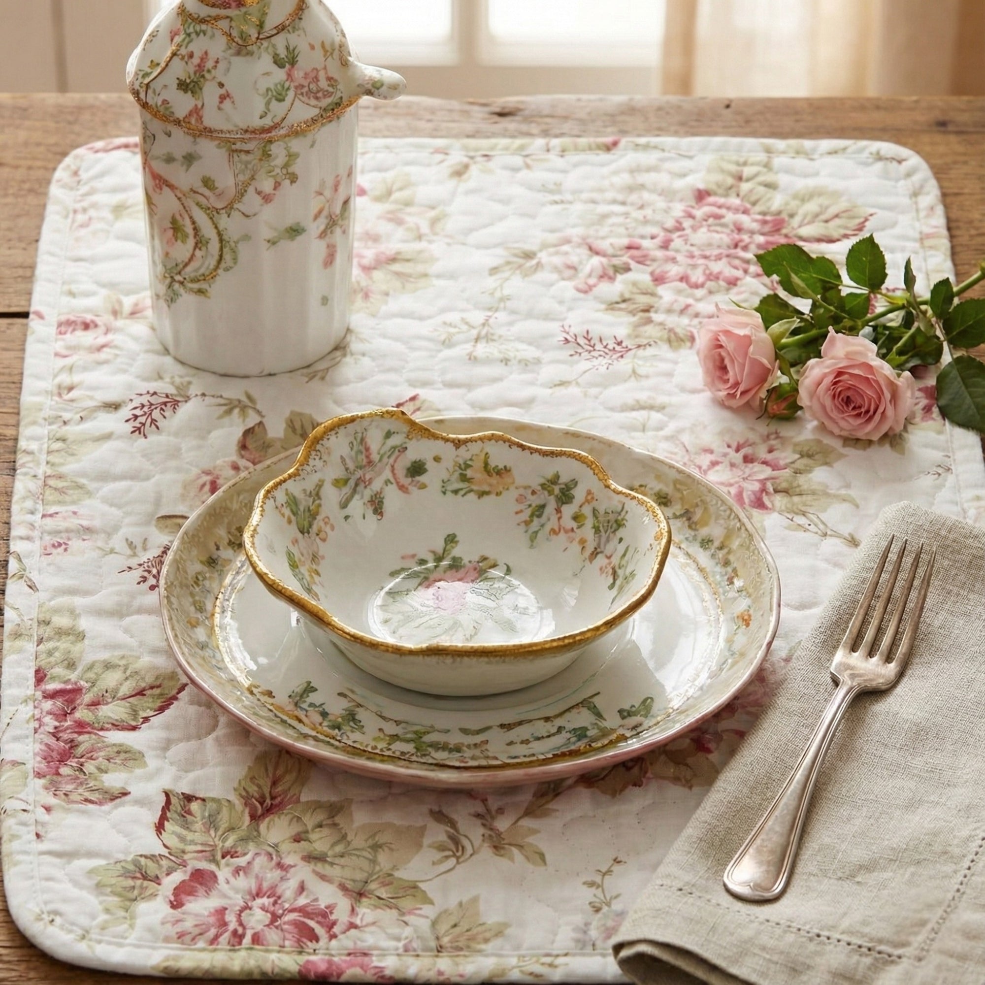 Juego de 4 manteles individuales de algodón acolchados DaDa Bedding Cottage Floral Roses de 13
