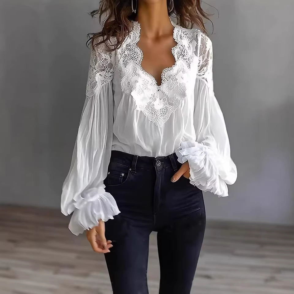 Camisa con volantes plisados, mangas abullonadas y paneles de encaje | Estilo ballet