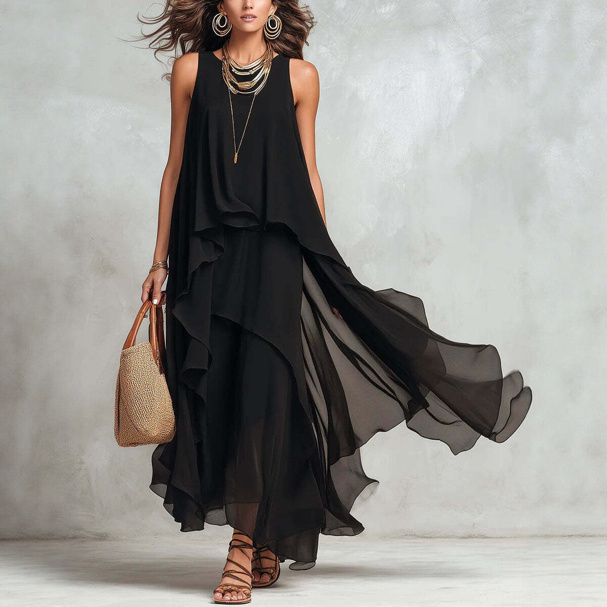 Vestido Maxi sin Mangas de Gasa y Malla con Volantes Asimétricos – Negro, XS–XXL