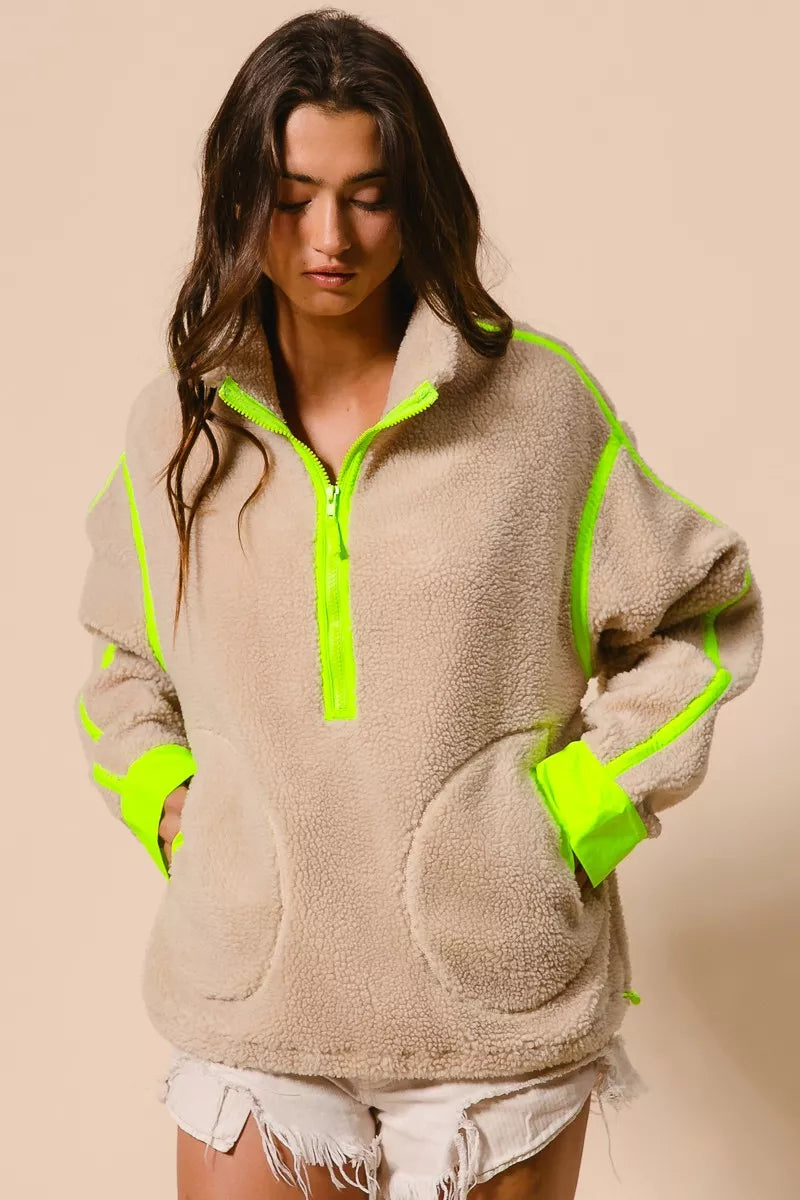 Chaqueta Sherpa con media cremallera y borde de contraste BiBi