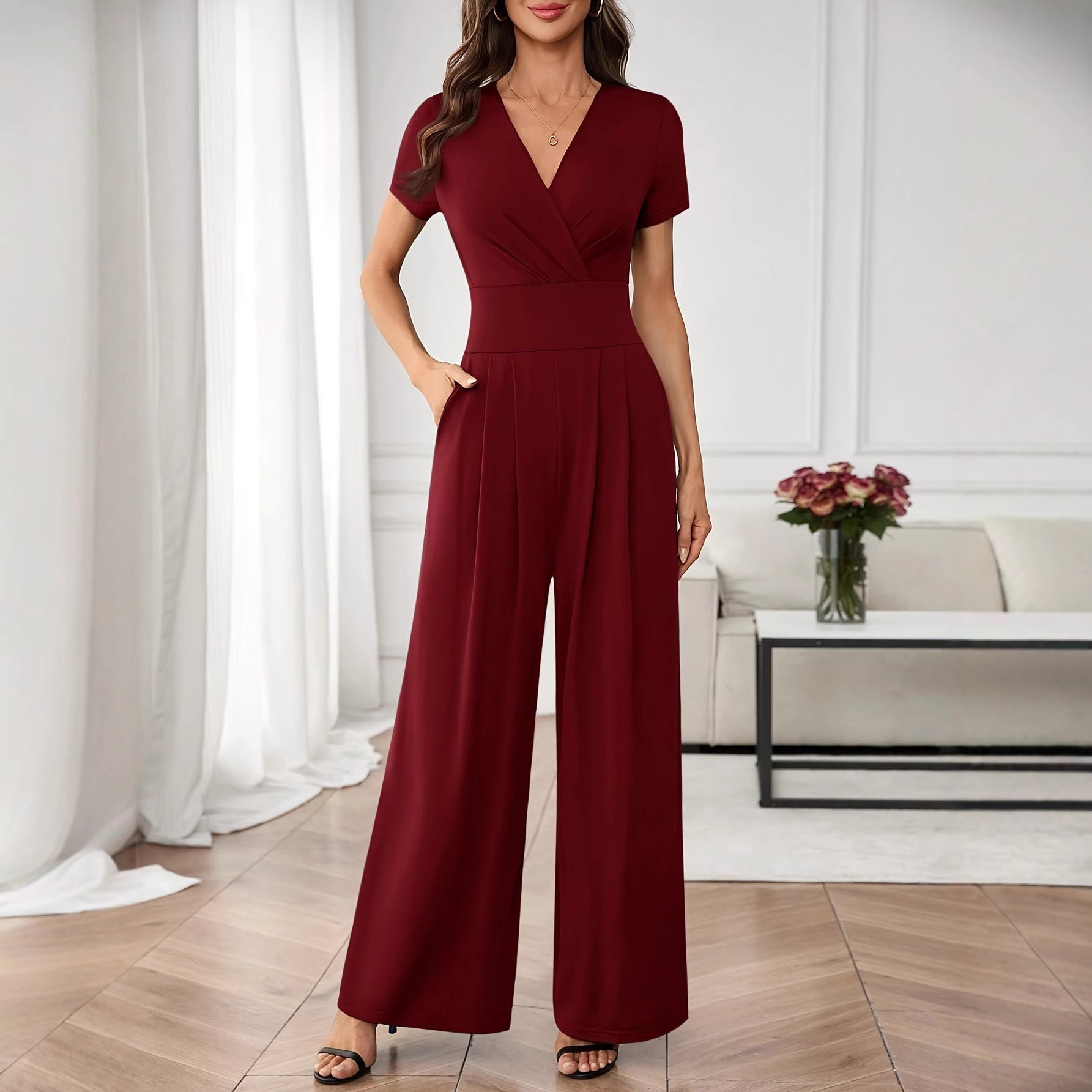 Mono plisado de pernera ancha y manga tres cuartos | 2 colores S–XL