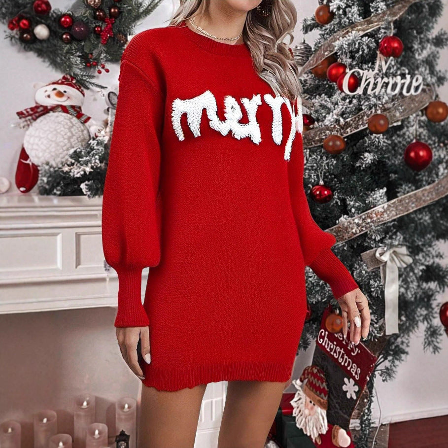 Jersey de mujer de punto con cuello redondo y manga farol
