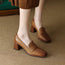 Women's Sheepskin Square Toe Chunky Heel Pumps – Retro High Heel Dress Shoes