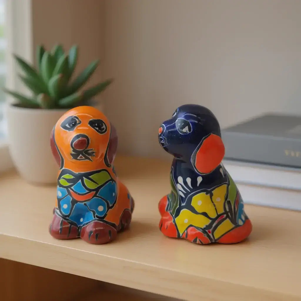 Pareja de figuras de perro de Talavera coloridas | Decoración de arte popular mexicano