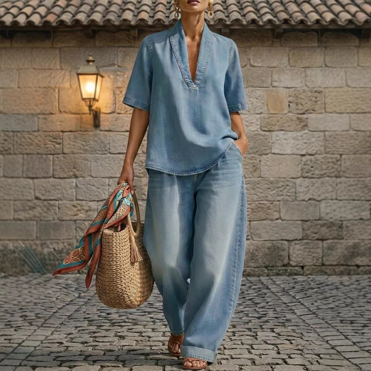 Conjunto de blusa vaquera con cuello de pico retro y pantalón ancho – 3 colores, S–3XL