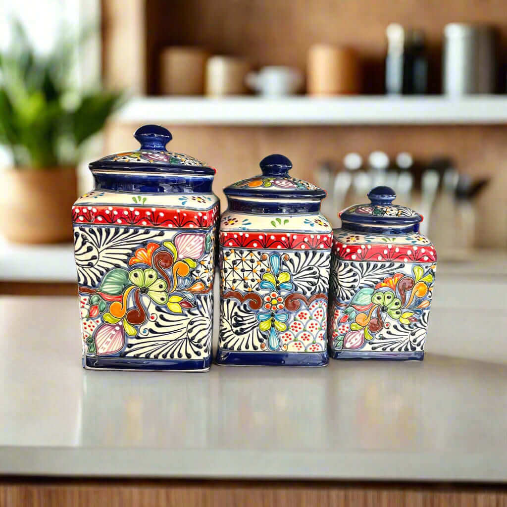 Juego de botes de Talavera | Botes de almacenamiento mexicanos azul oscuro para cocina